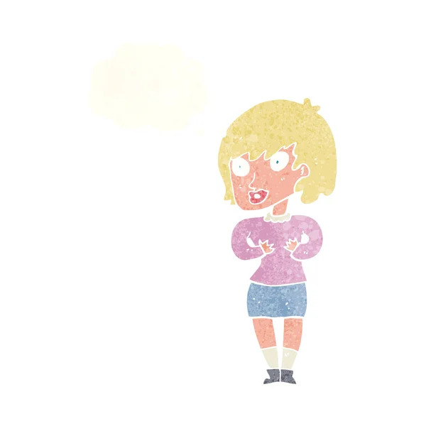 Una donna dei cartoni animati che fa Who Me? gesto con bolla di pensiero — Vettoriale Stock