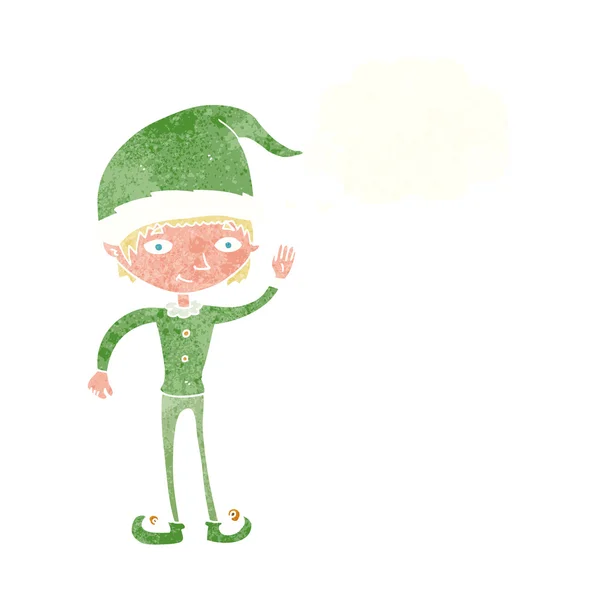 Düşünce baloncuğuyla Noel elfini sallayan çizgi film — Stok Vektör