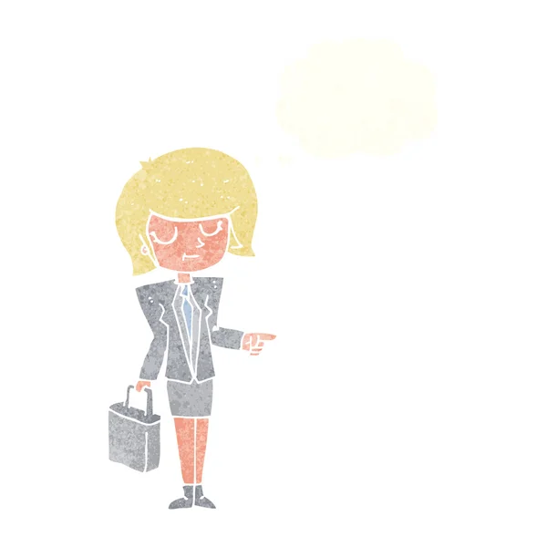 Femme d'affaires dessin animé pointant avec bulle de pensée — Image vectorielle