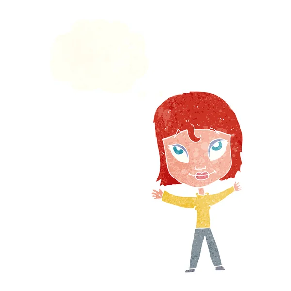 Karikatur glückliche Frau winkt mit Gedankenblase — Stockvektor