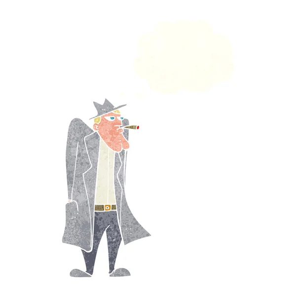 Karikaturist mit Hut und Trenchcoat mit Gedankenblase — Stockvektor