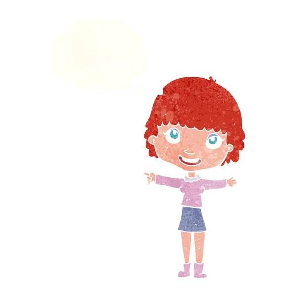 Dessin animé femme heureuse pointant avec bulle de pensée — Image vectorielle