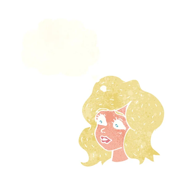Femme dessin animé regardant préoccupé par bulle de pensée — Image vectorielle