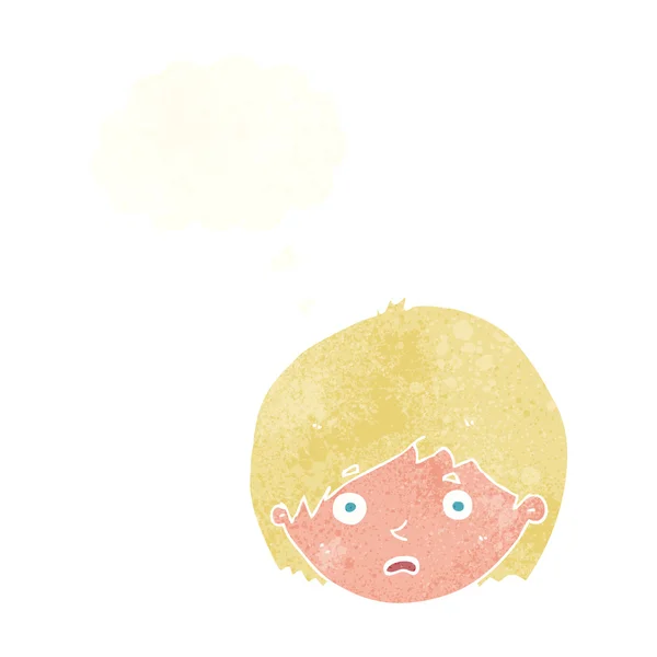 Dessin animé garçon malheureux avec bulle de pensée — Image vectorielle