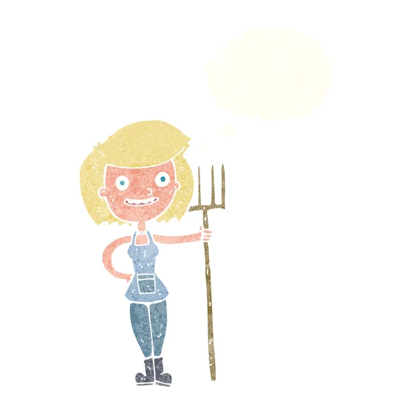 कार्टून विचार बुलबुला के साथ खुश किसान लड़की — स्टॉक वेक्टर