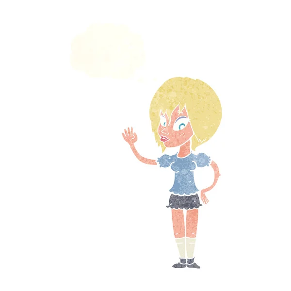 Dibujos animados mujer bonita ondeando con burbuja de pensamiento — Vector de stock