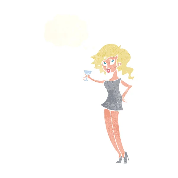 Mulher dos desenhos animados na festa com bolha de pensamento — Vetor de Stock