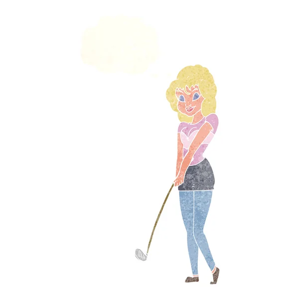 Cartoon vrouw golfen met gedachte bubble — Stockvector