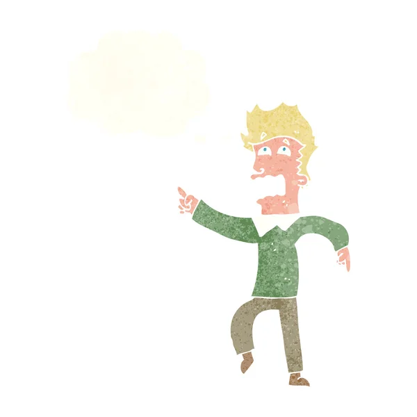 Dessin animé homme effrayé pointant avec bulle de pensée — Image vectorielle