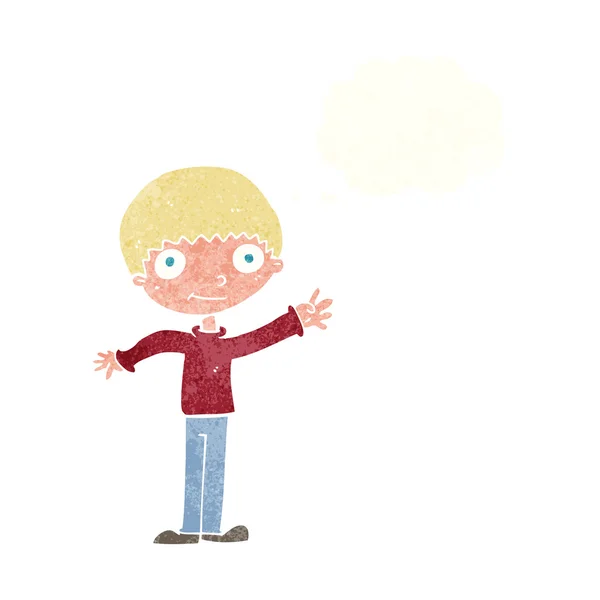 Kreslený šťastný mávání chlapec s myšlenkovou bublinou — Stockový vektor