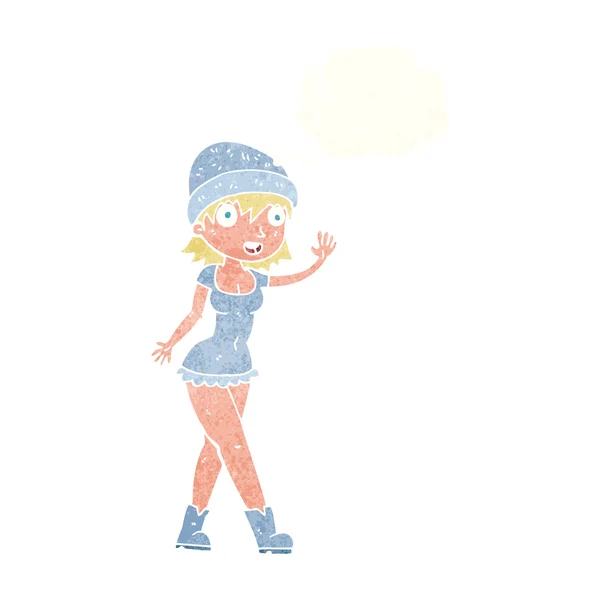Tecknad söt flicka i hatt vinka med tanke bubbla — Stock vektor