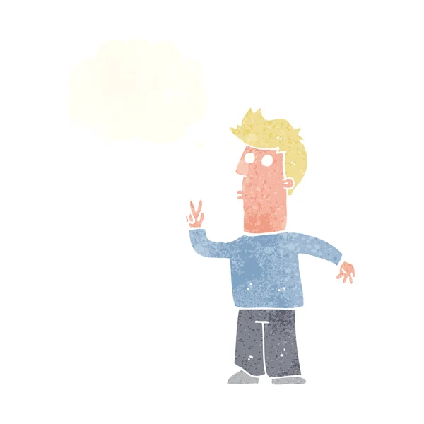 Dessin animé homme signalisation avec la main avec bulle de pensée — Image vectorielle