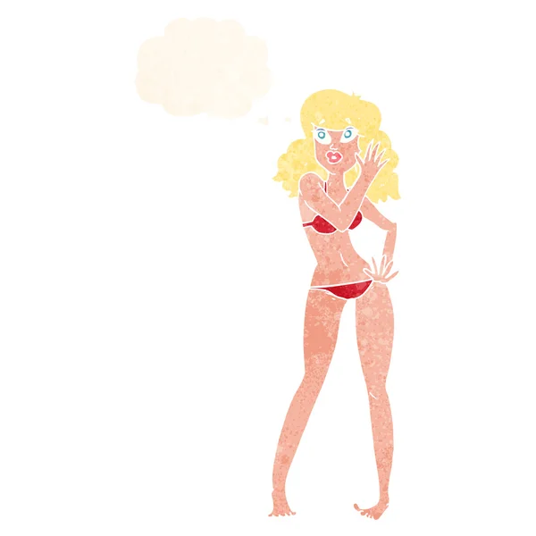 Düşünce baloncuğu olan bikinili güzel bir kadın. — Stok Vektör