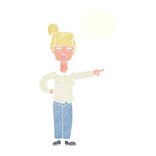 Desene animate femeie arătând cu bule de gândire — Vector de stoc