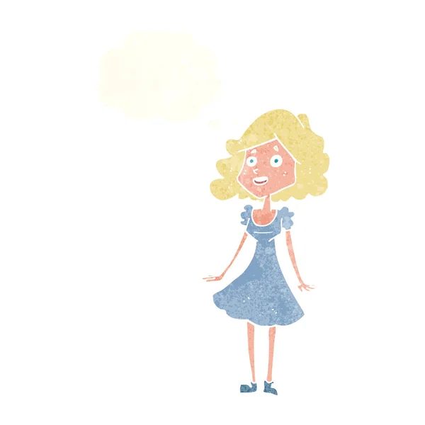 Karikatur glückliche Frau im Kleid mit Gedankenblase — Stockvektor