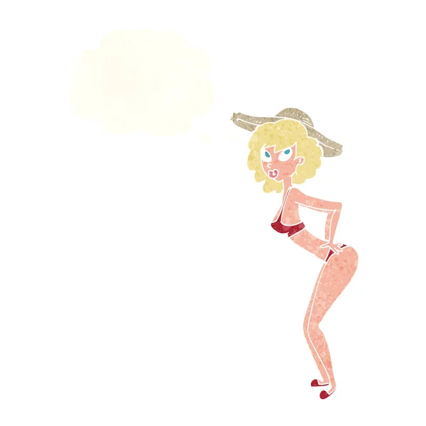 Dessin animé pin-up beach girl avec bulle de pensée — Image vectorielle