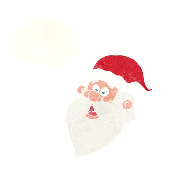 Cartoon lustiges Weihnachtsmann-Gesicht mit Gedankenblase — Stockvektor