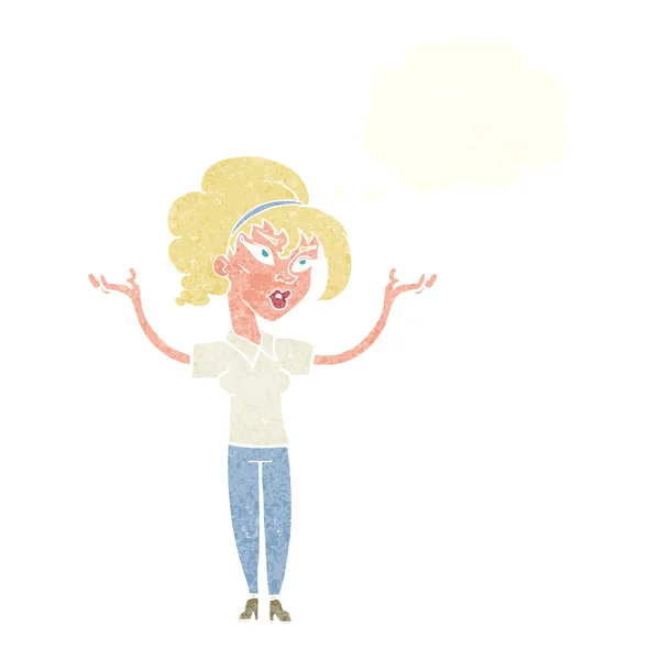 Mulher dos desenhos animados levantando as mãos no ar com bolha pensamento — Vetor de Stock