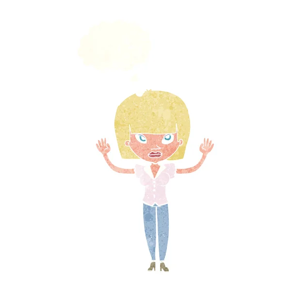 Karikatur Frau mit erhobenen Händen mit Gedankenblase — Stockvektor