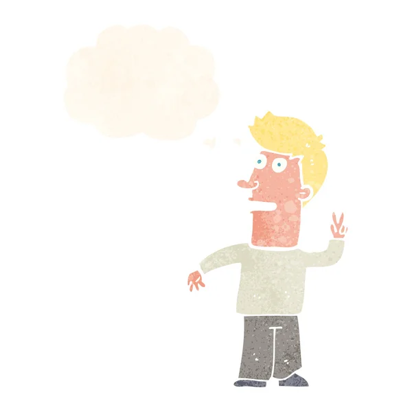 Dessin animé homme faisant signe de paix avec bulle de pensée — Image vectorielle