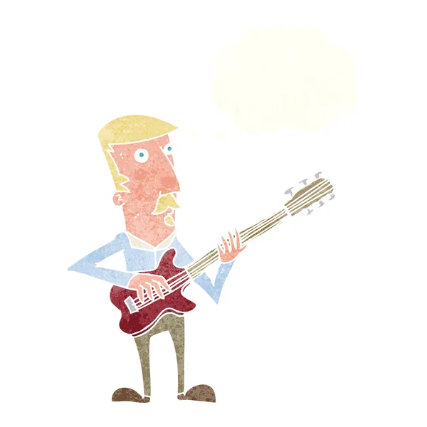 Cartoon man playing electric guitar with thought bubble — Stock Vector