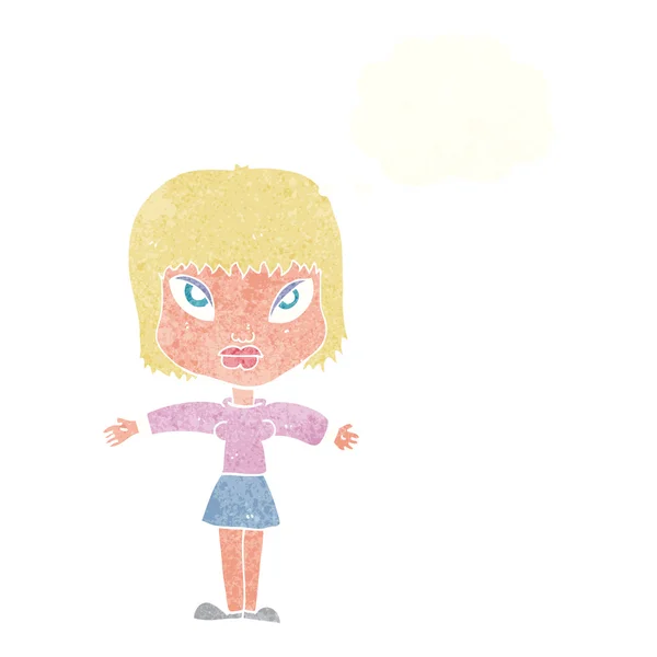 Femme dessin animé avec bras tendus avec bulle de pensée — Image vectorielle