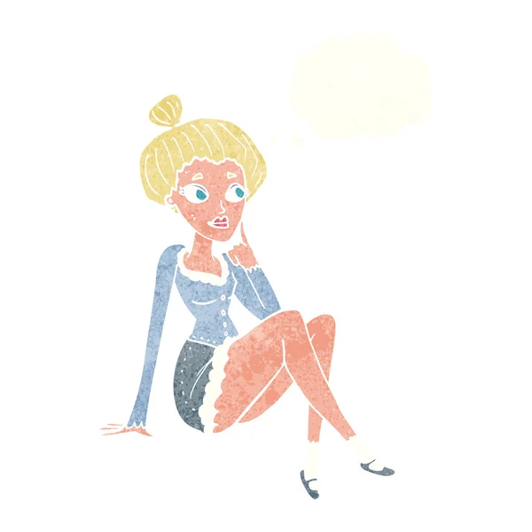 Dibujos animados mujer atractiva sentada pensando con burbuja de pensamiento — Archivo Imágenes Vectoriales