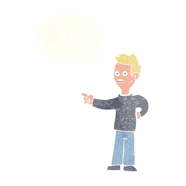 Karikatur schockierter Junge zeigt mit Gedankenblase — Stockvektor