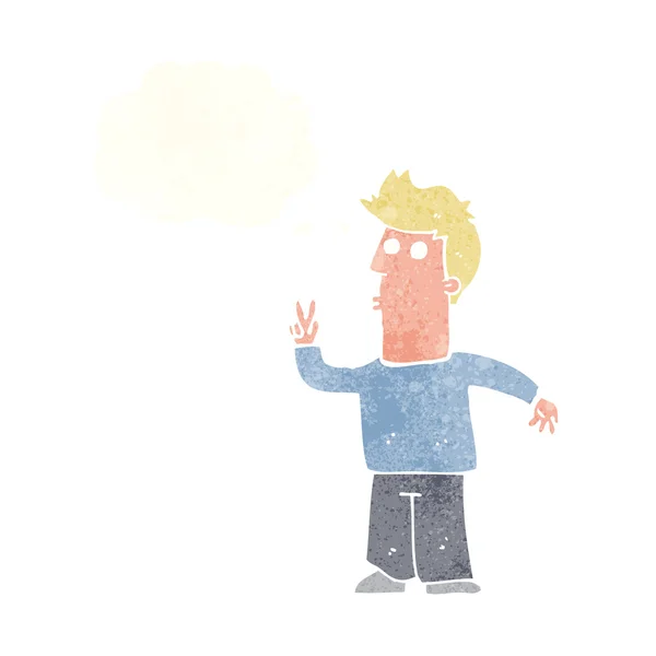 Homem dos desenhos animados dando sinal de paz com bolha pensamento — Vetor de Stock