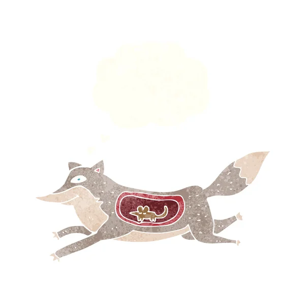 Dibujos animados lobo con ratón en el vientre con burbuja de pensamiento — Vector de stock