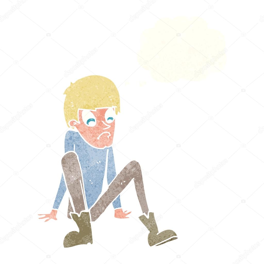 Cartoon boy sitting on floor with thought bubble stock illustration