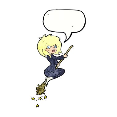 Çizgi film cadısı konuşma baloncuğu ile süpürgeye biniyor