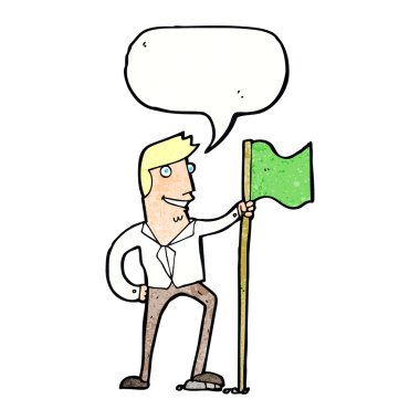 karikatür adamı konuşma baloncuğuyla bayrak dikiyor