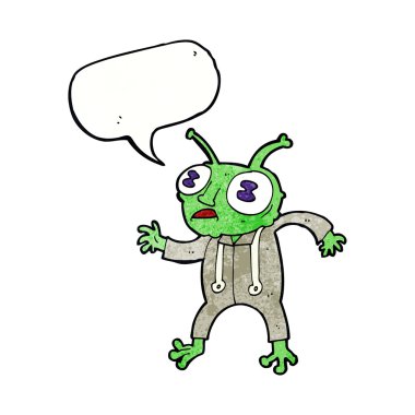 Konuşma baloncuğu olan uzaylı bir karikatür.