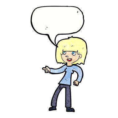 Çizgi film kızı konuşma balonunu işaret ediyor.