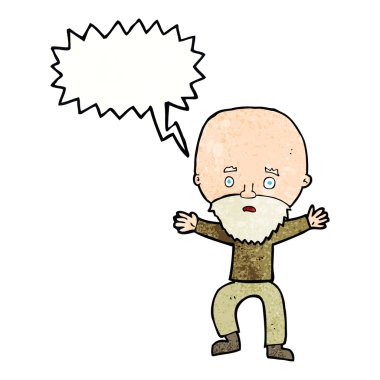 Çizgi film yaşlı adamı konuşma balonuyla panikletiyor.