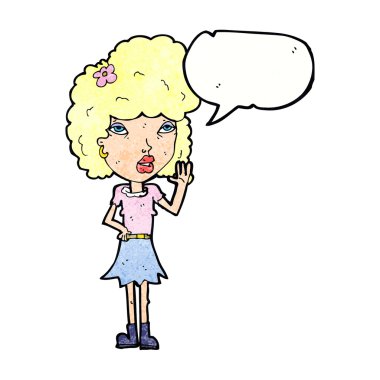 Çizgi film kadını konuşma balonuyla el sallıyor.