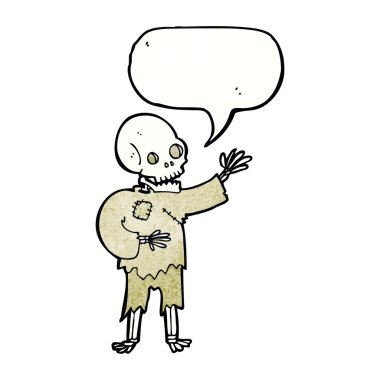 karikatür iskeleti konuşma baloncuğuyla sallanıyor