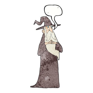 Konuşma baloncuğu olan yaşlı bir çizgi film sihirbazı