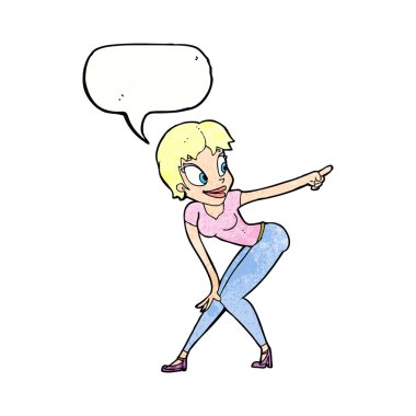 Güzel bir kadın konuşma balonunu işaret ediyor.