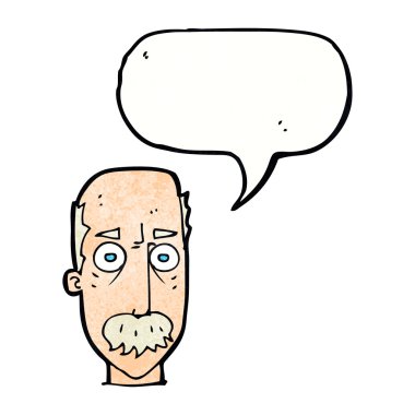 Konuşma baloncuklu bıyıklı çizgi film adamı.