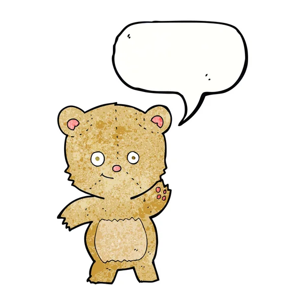 Cartoon zwaaien teddybeer met spraakbel — Stockvector