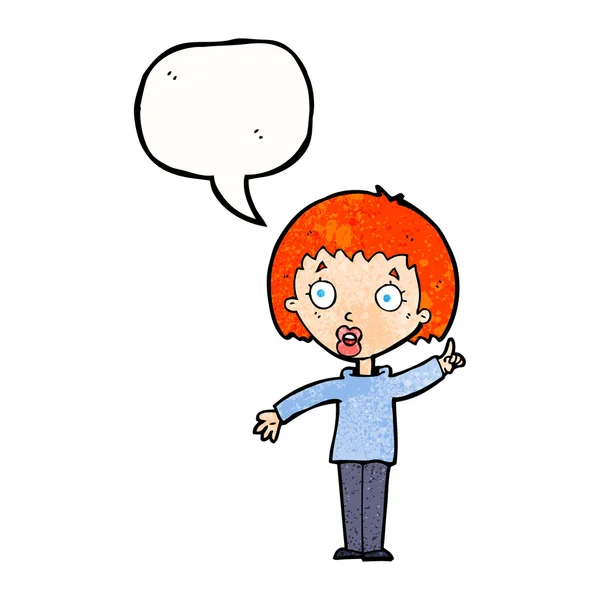 Cartoon mulher explicando seu ponto com bolha de fala — Vetor de Stock