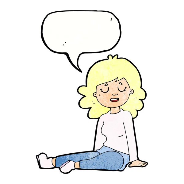 Cartoon happy woman sitting on floor with speech bubble — Stock Vector