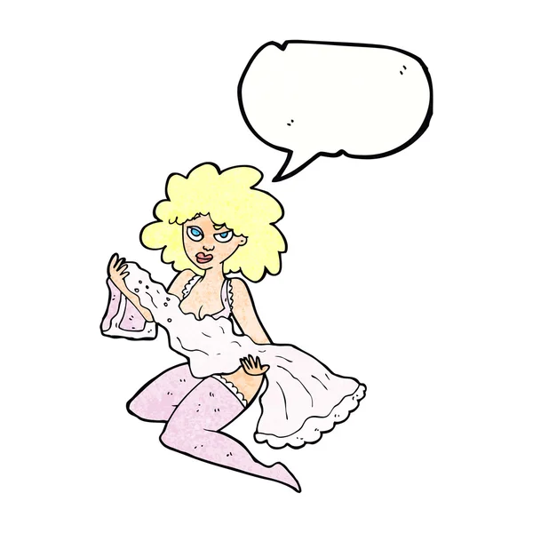 Mujer de dibujos animados cambiando con la burbuja del habla — Vector de stock