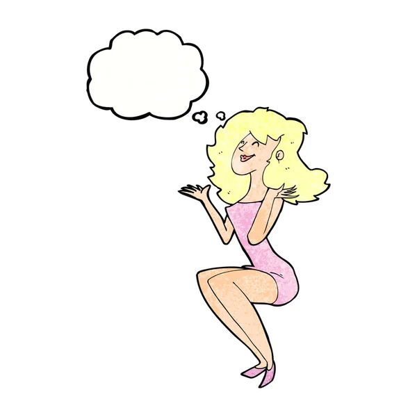 Γελοιογραφία ελκυστική γυναίκα που κάθεται με το συννεφάκι λόγου — Διανυσματικό Αρχείο