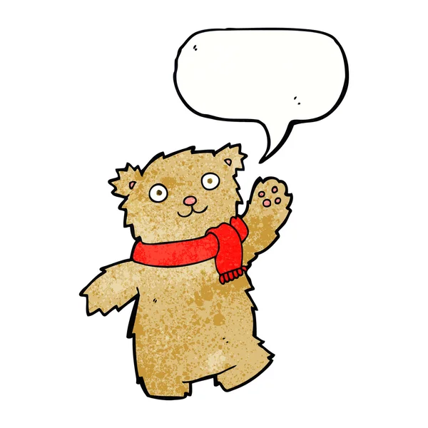 Urso de pelúcia dos desenhos animados usando cachecol com bolha de fala — Vetor de Stock