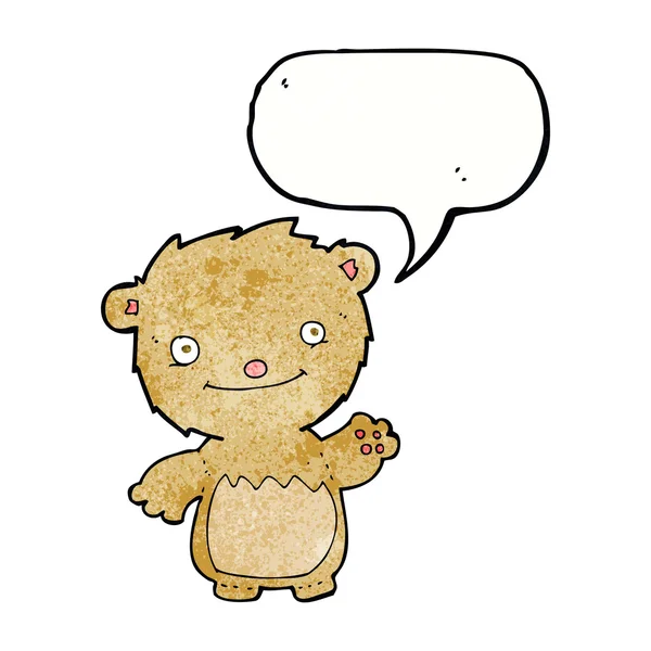 Мультяшний махаючий плюшевий ведмідь з бульбашкою мовлення — стоковий вектор