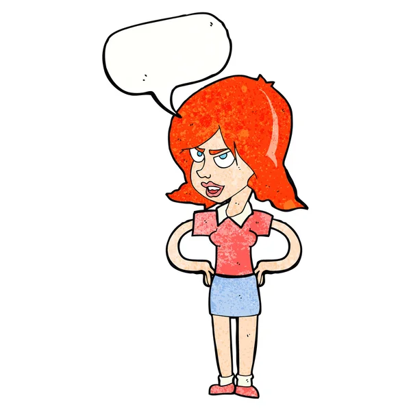 Dibujos animados mujer molesta con las manos en las caderas con la burbuja del habla — Vector de stock