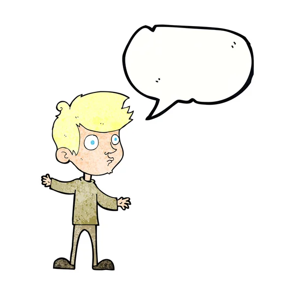Cartoon nieuwsgierig jongen met tekstballon — Stockvector